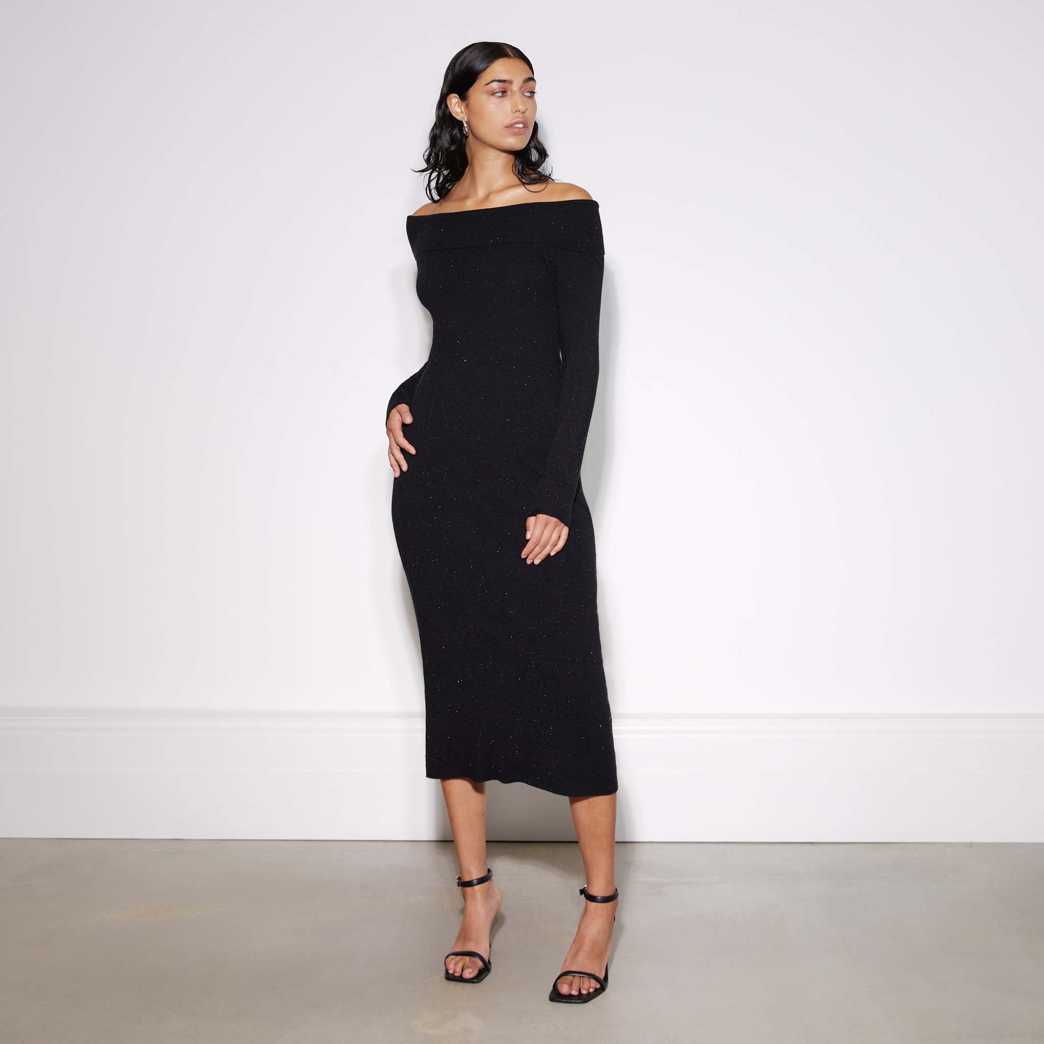 Black ribbed 2025 bardot dress