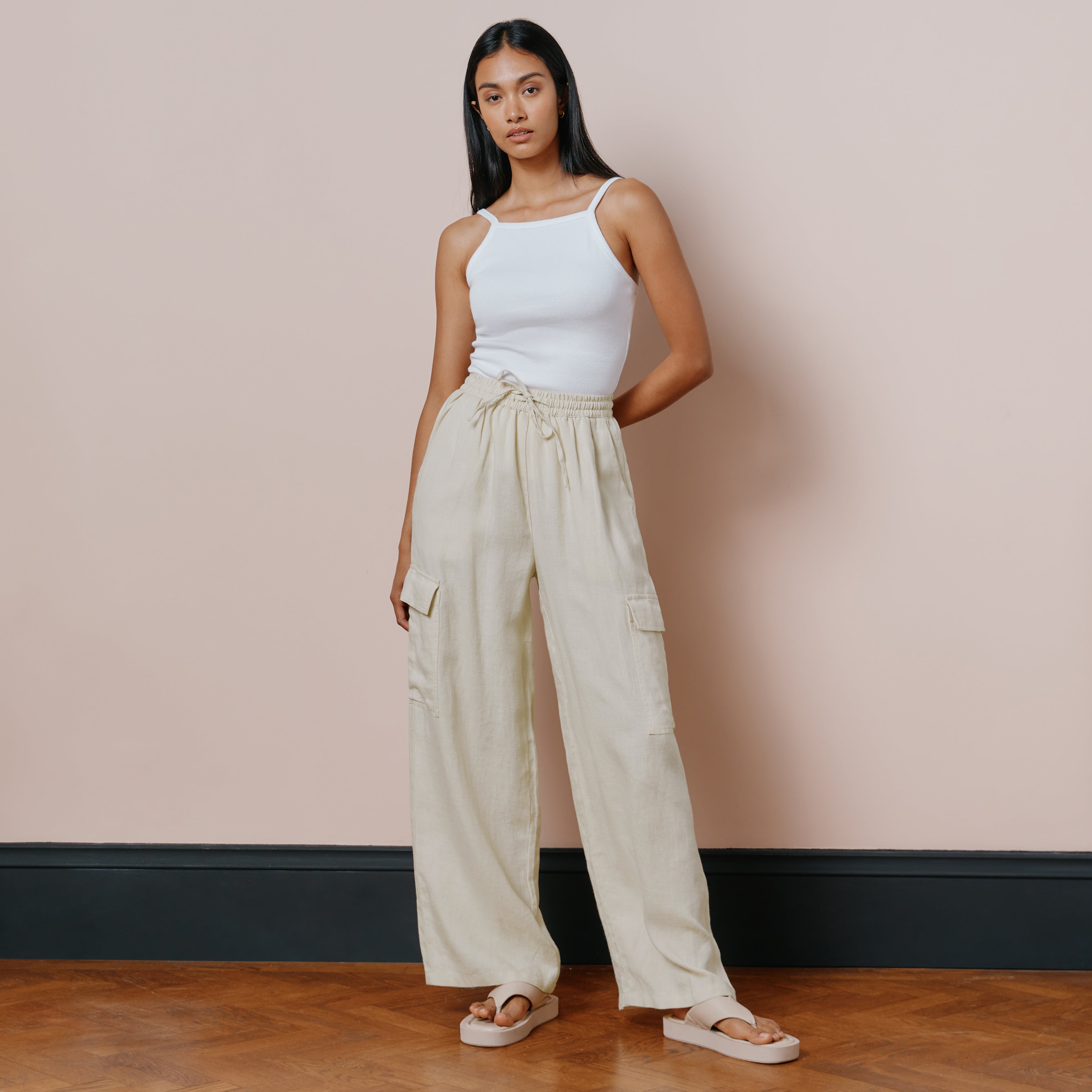 Buy Famulily Summer Cotton Linen Trousers for Women UK Elastic High Waist Drawstring  Pants Comfy Wide Leg Loose Fit Trousers with Pockets, White, XL at Amazon.in
