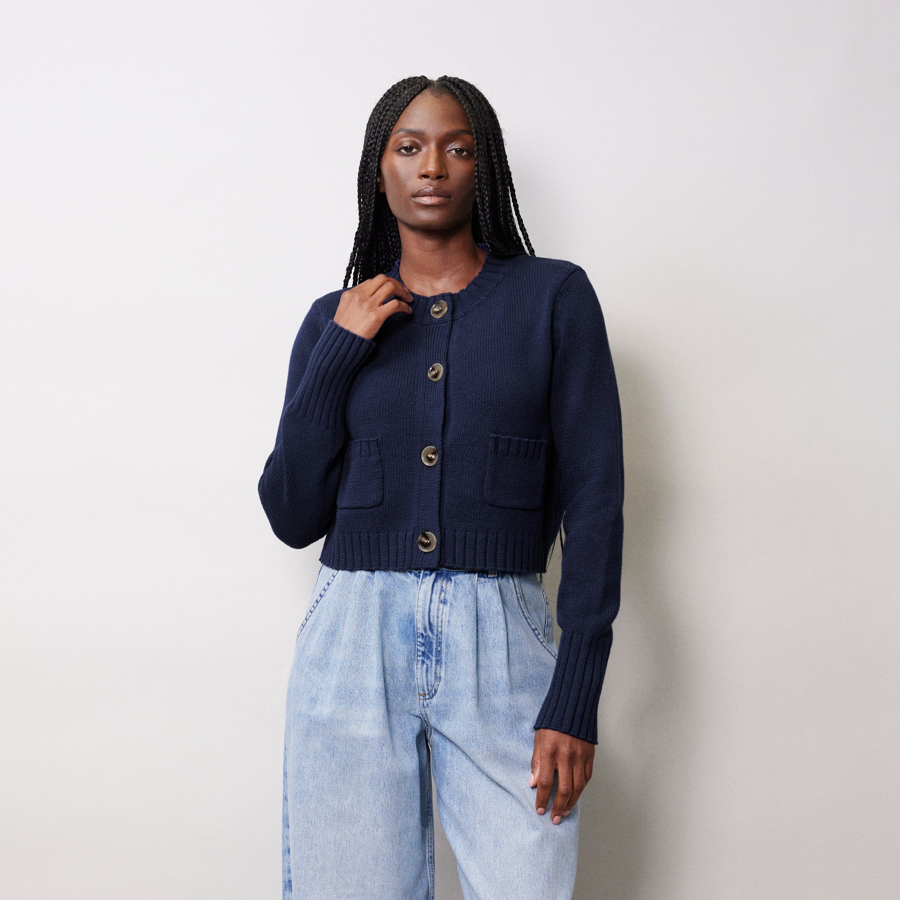 Long navy top cardigan with pockets