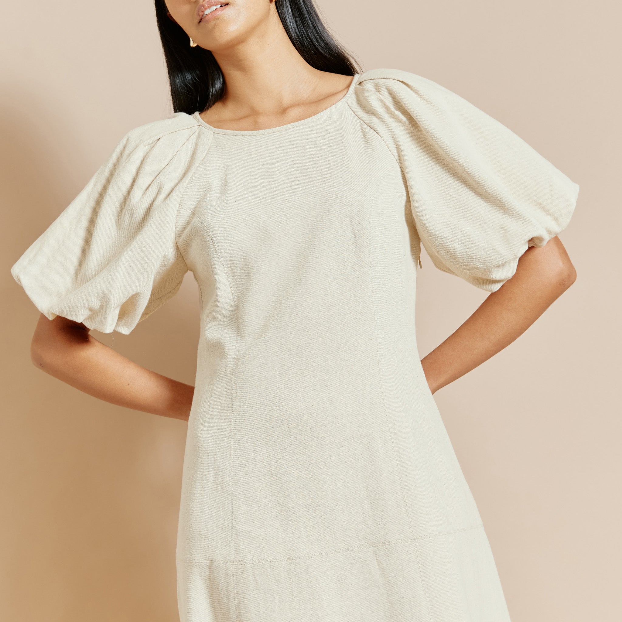 Linen Twill Puff Sleeve Dress