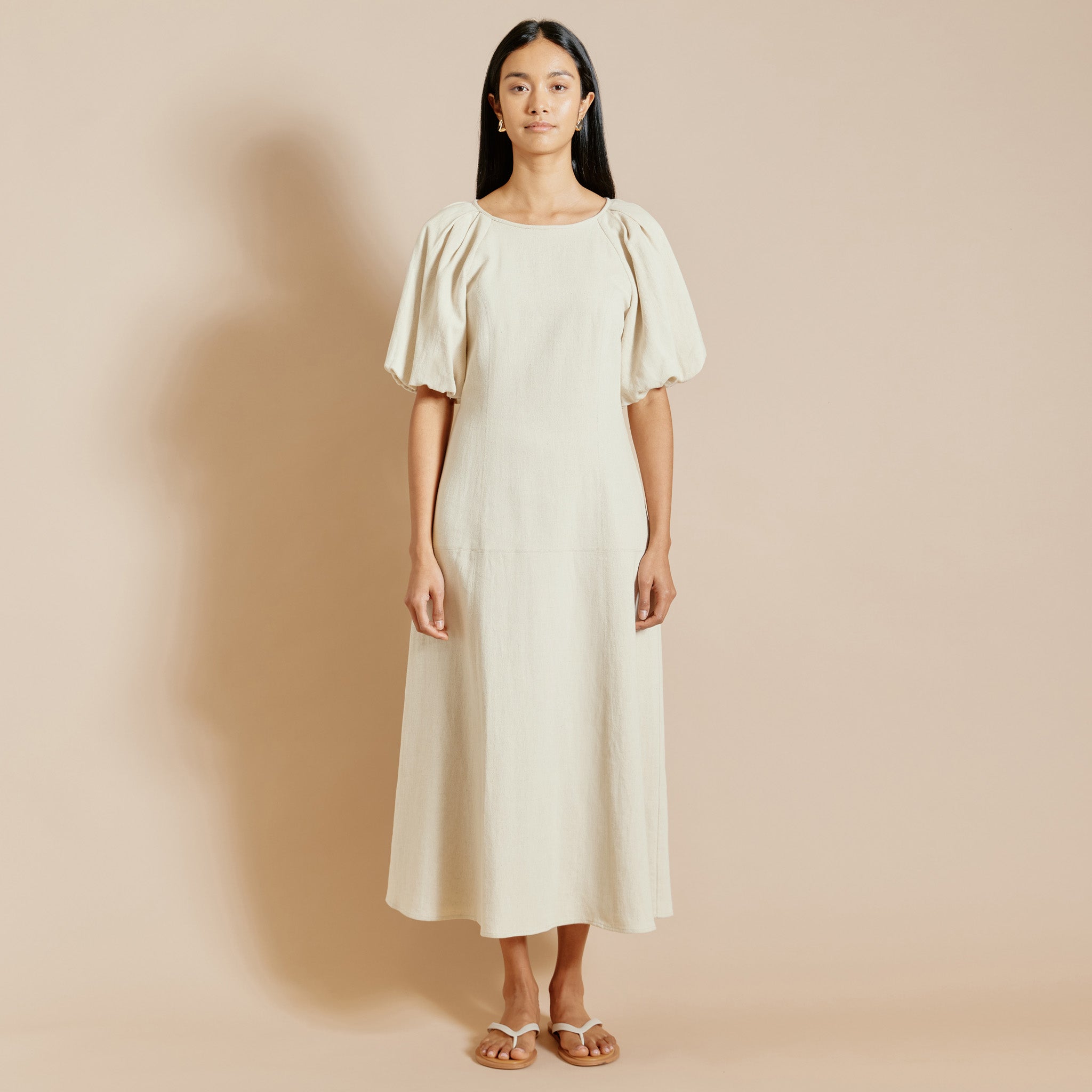 Linen Twill Puff Sleeve Dress