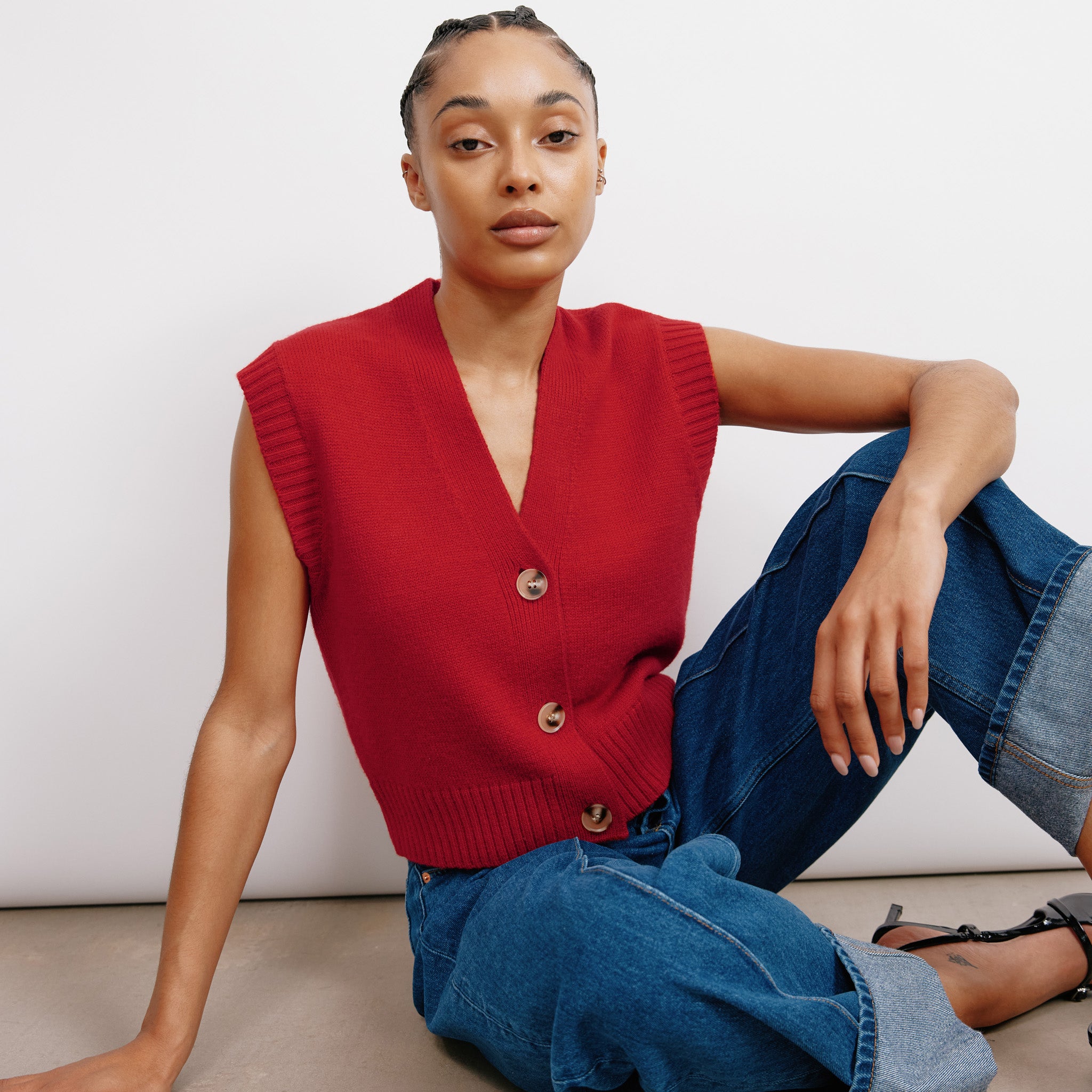 Red Knitted Button Tank Top