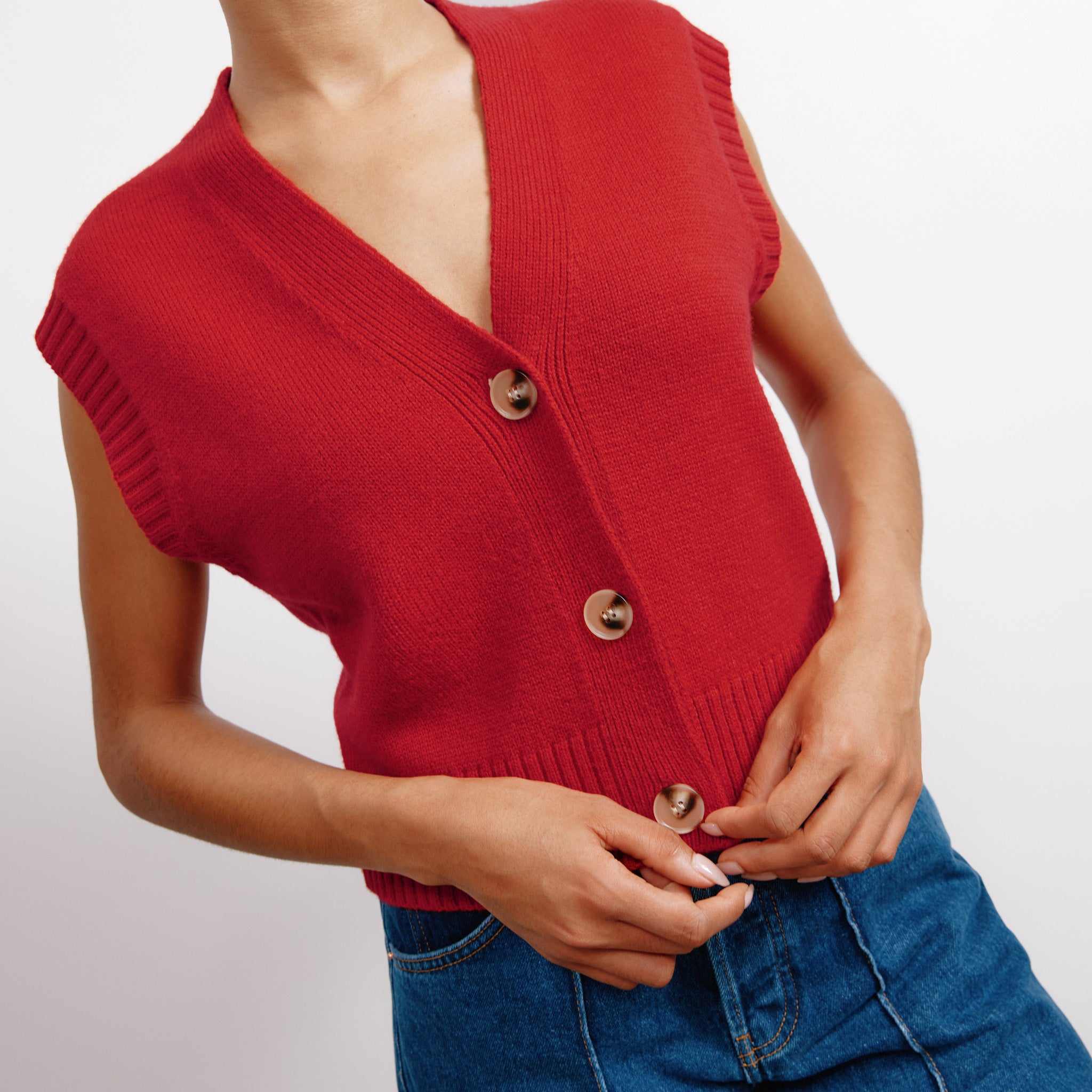 Red Knitted Button Tank Top