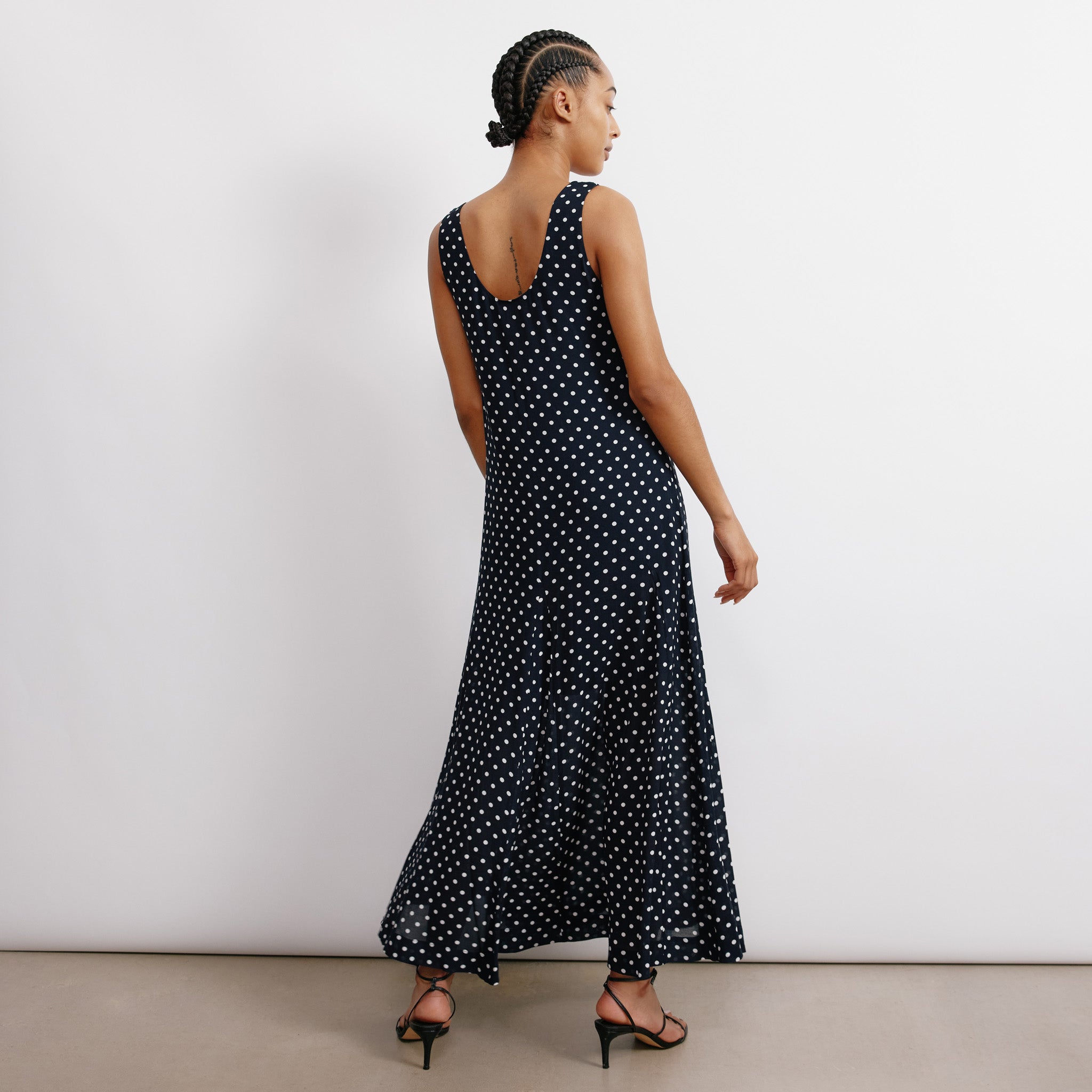 Navy and Cream Spot Maxi Dress | Sustainable Womenswear | Albaray