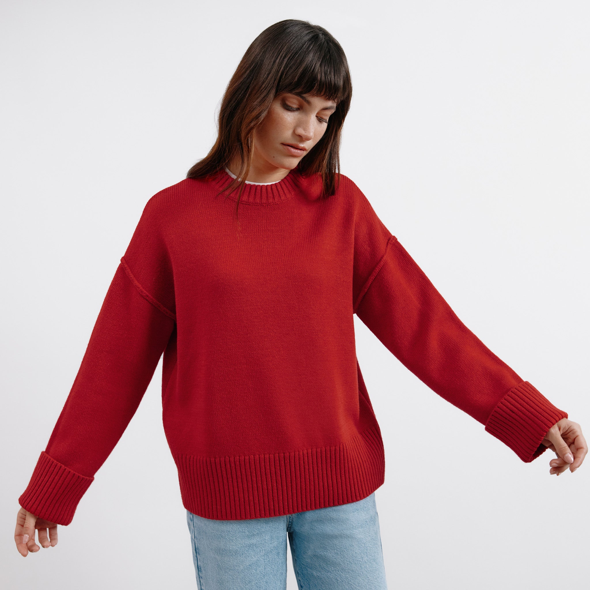 Red Relaxed Turn Up Cuff Jumper