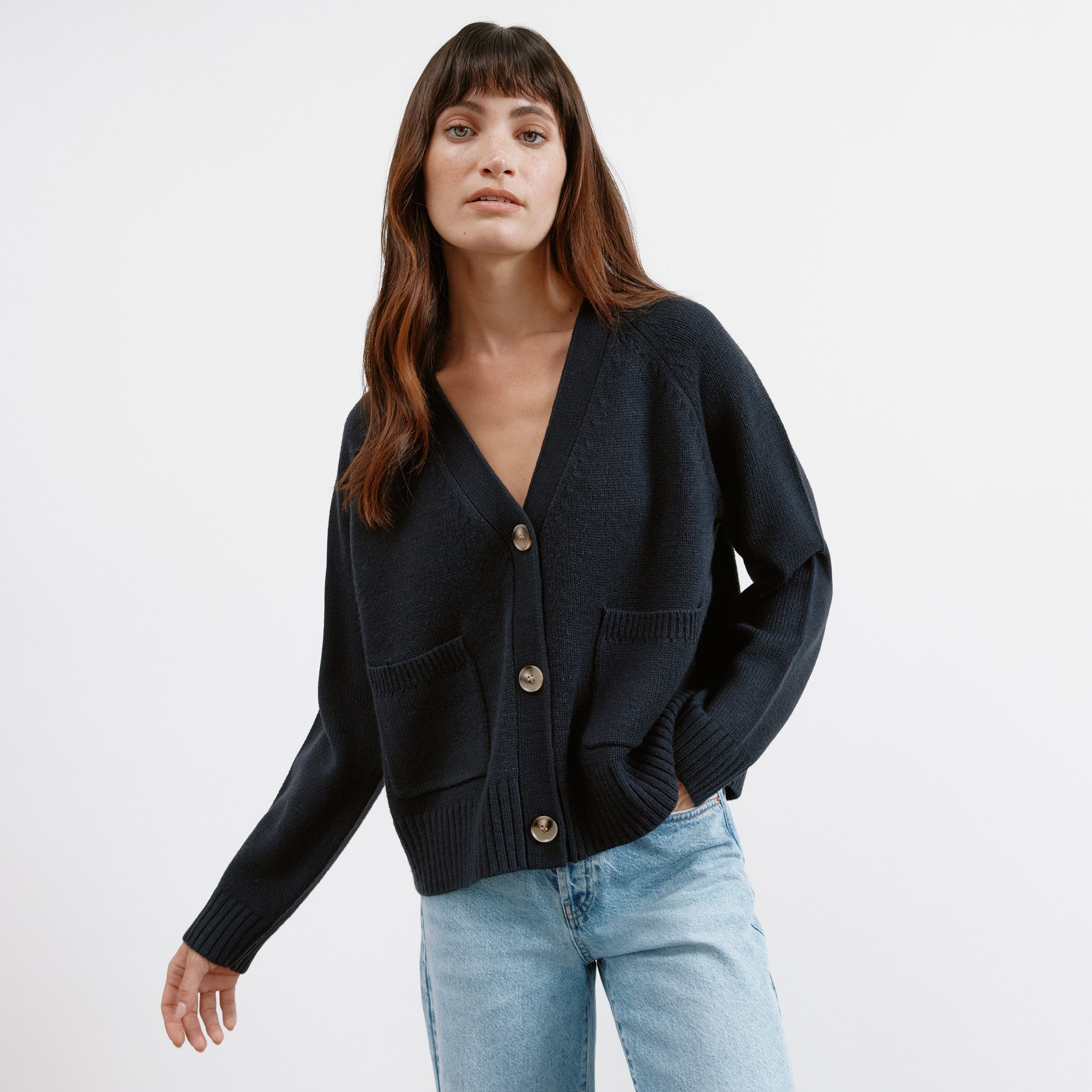 Navy Relaxed V Neck Cardigan