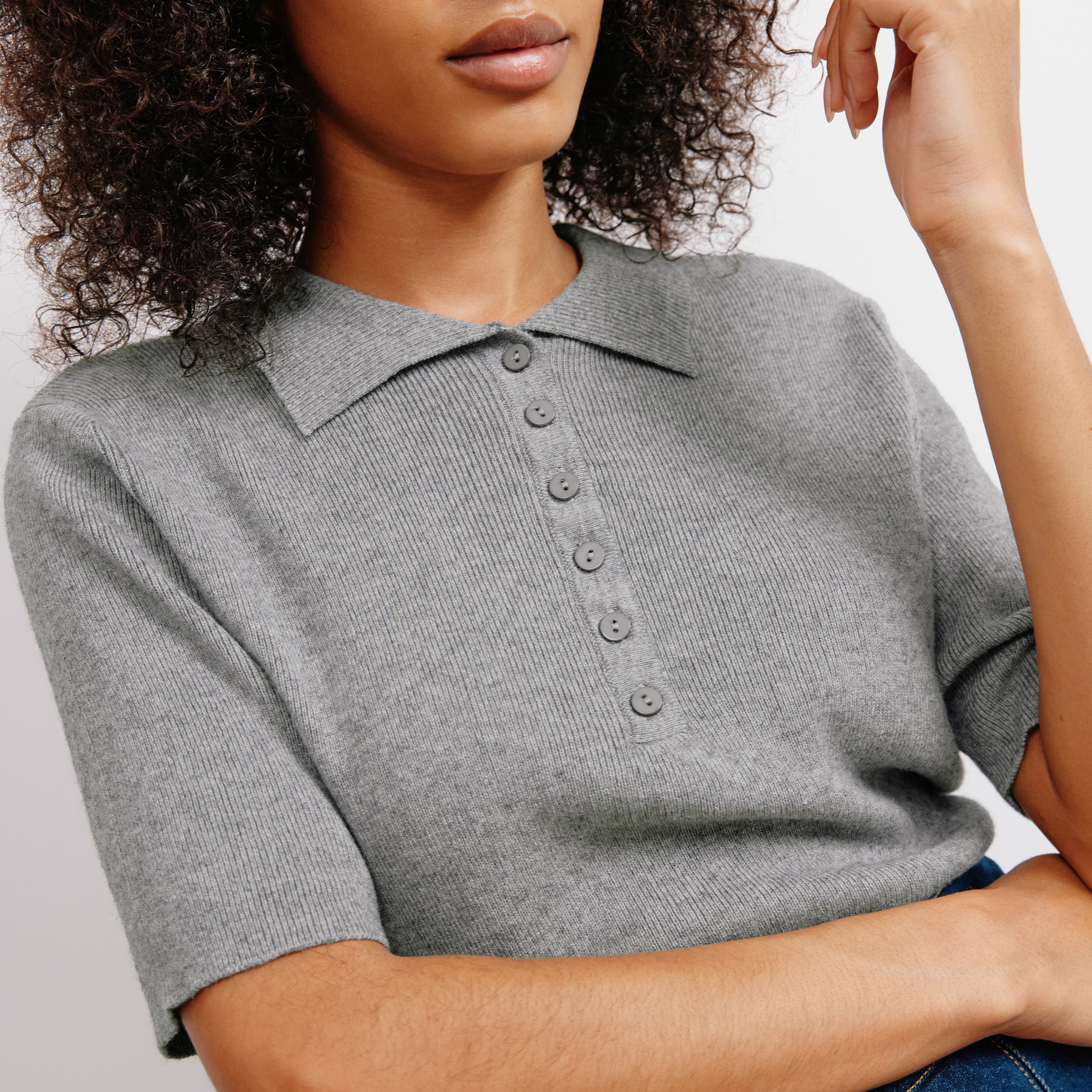 Grey Knitted Polo Top