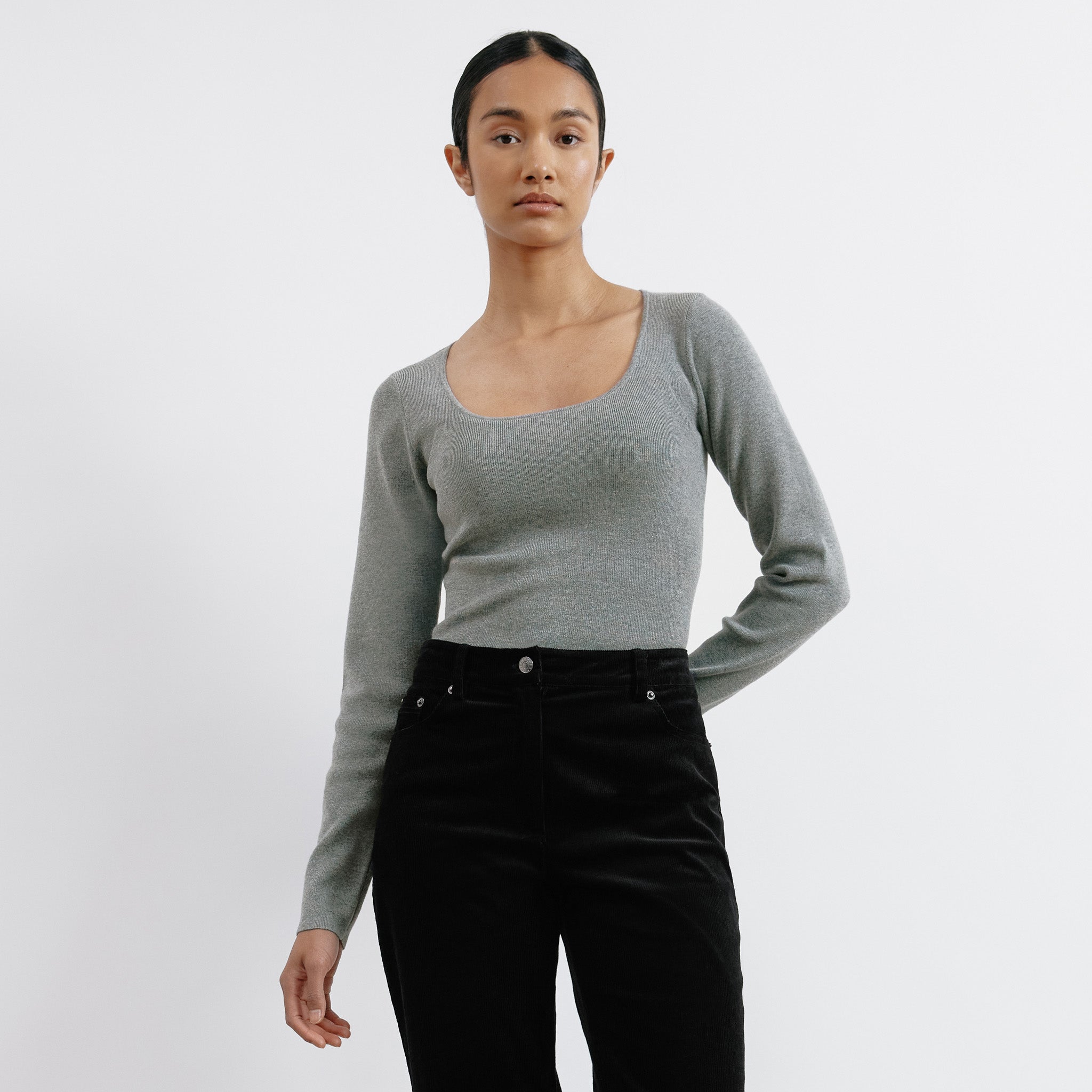 Grey Scoop Neck Knit Top