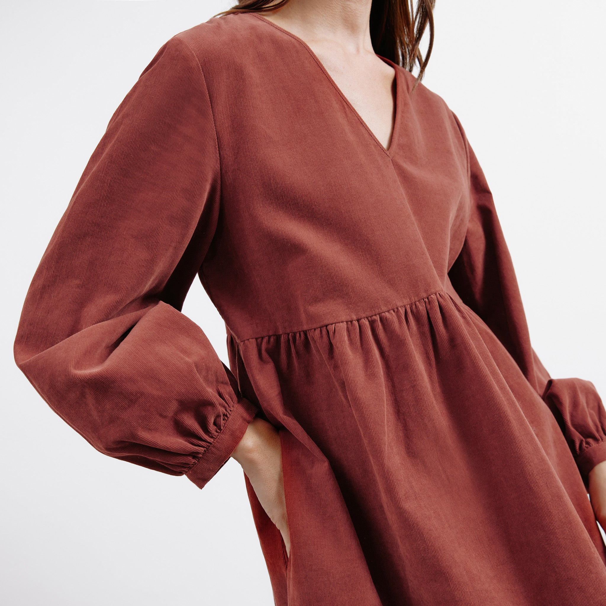 Cord V Neck Gathered Midi Dress