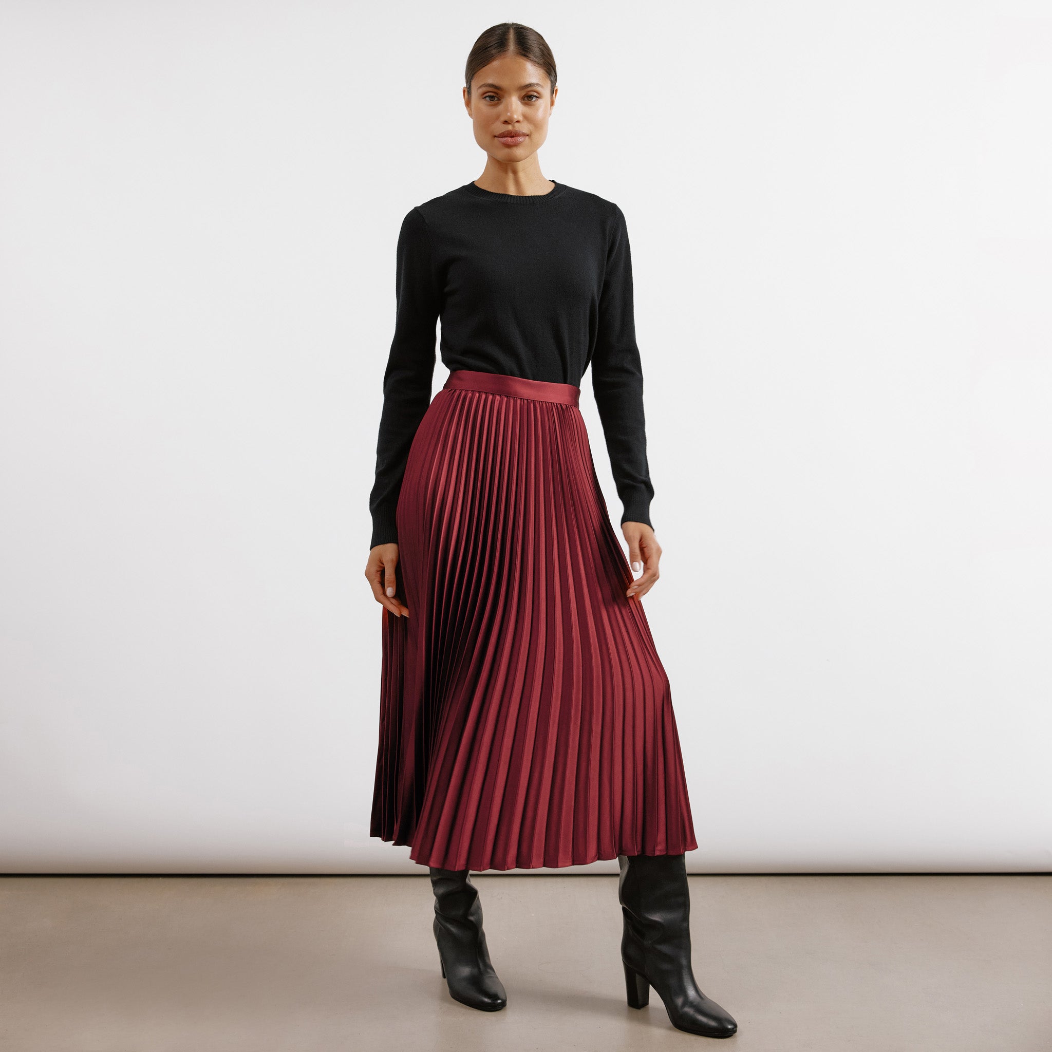 Satin Pleat Midi Skirt