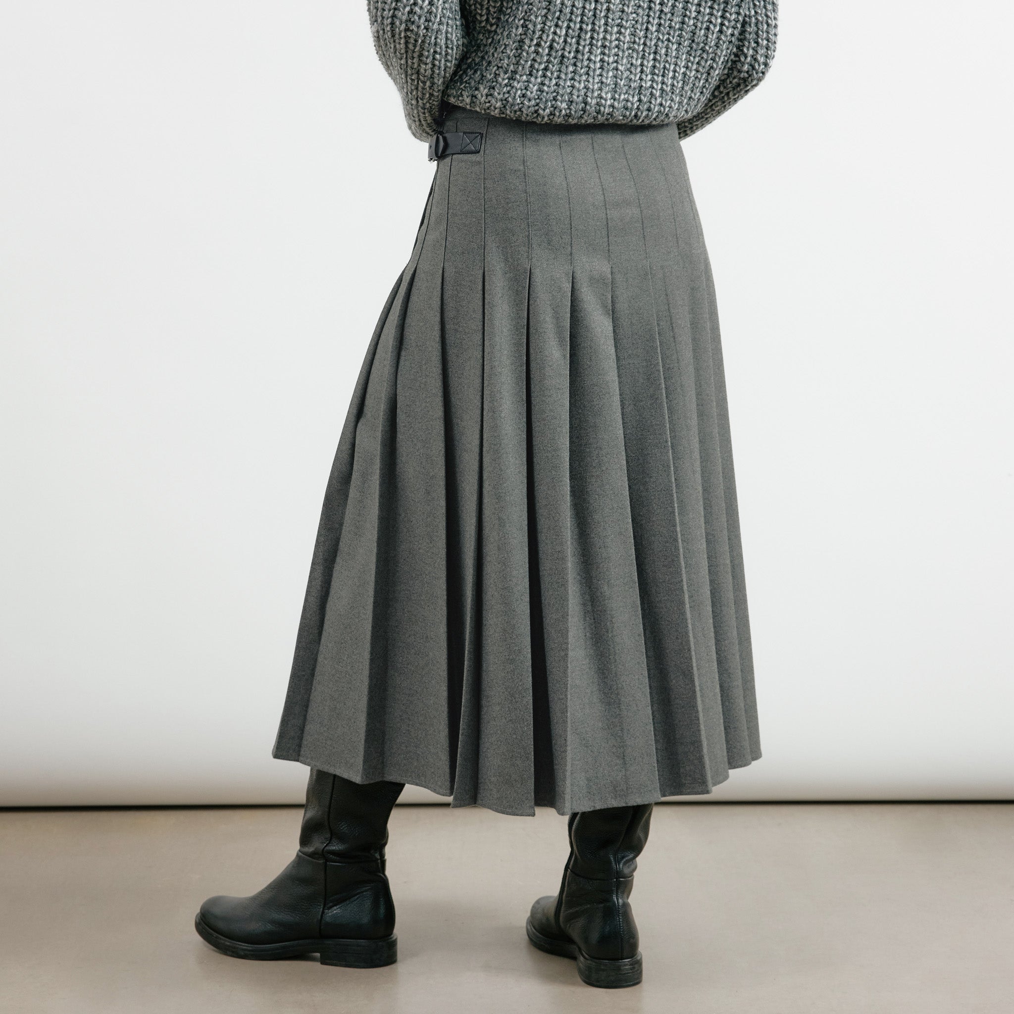 Grey Flannel Pleat Midi Skirt