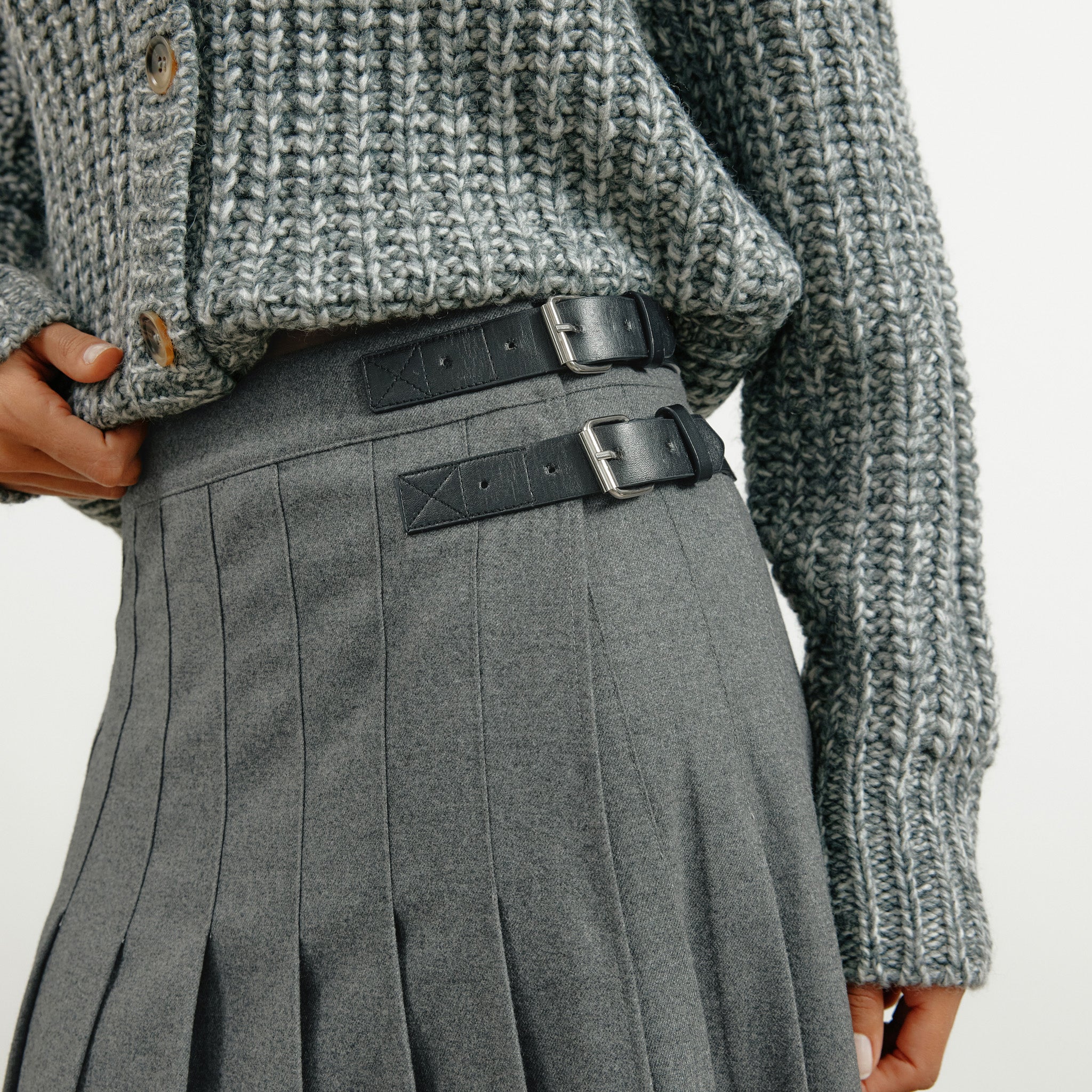 Grey Flannel Pleat Midi Skirt