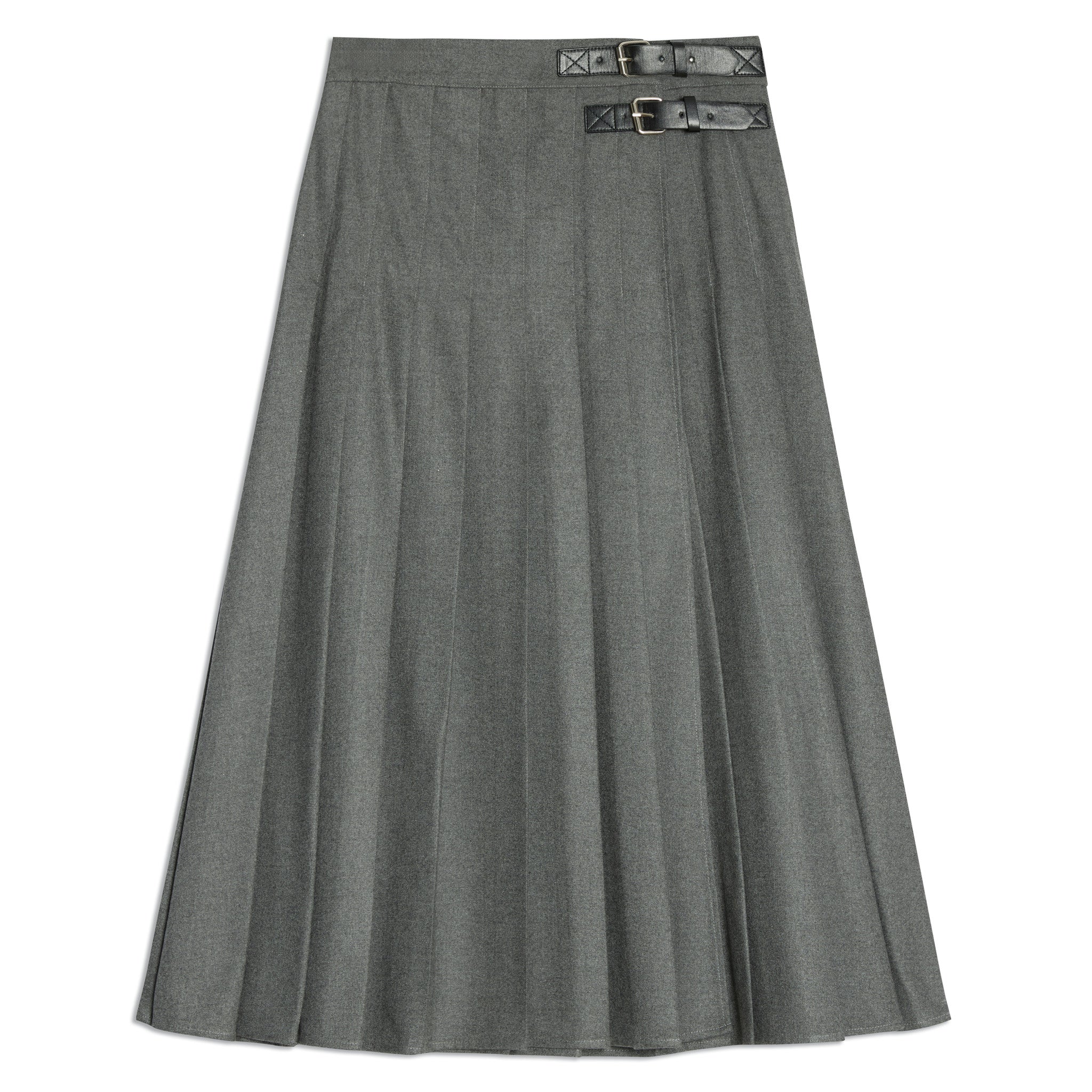 Grey Flannel Pleat Midi Skirt