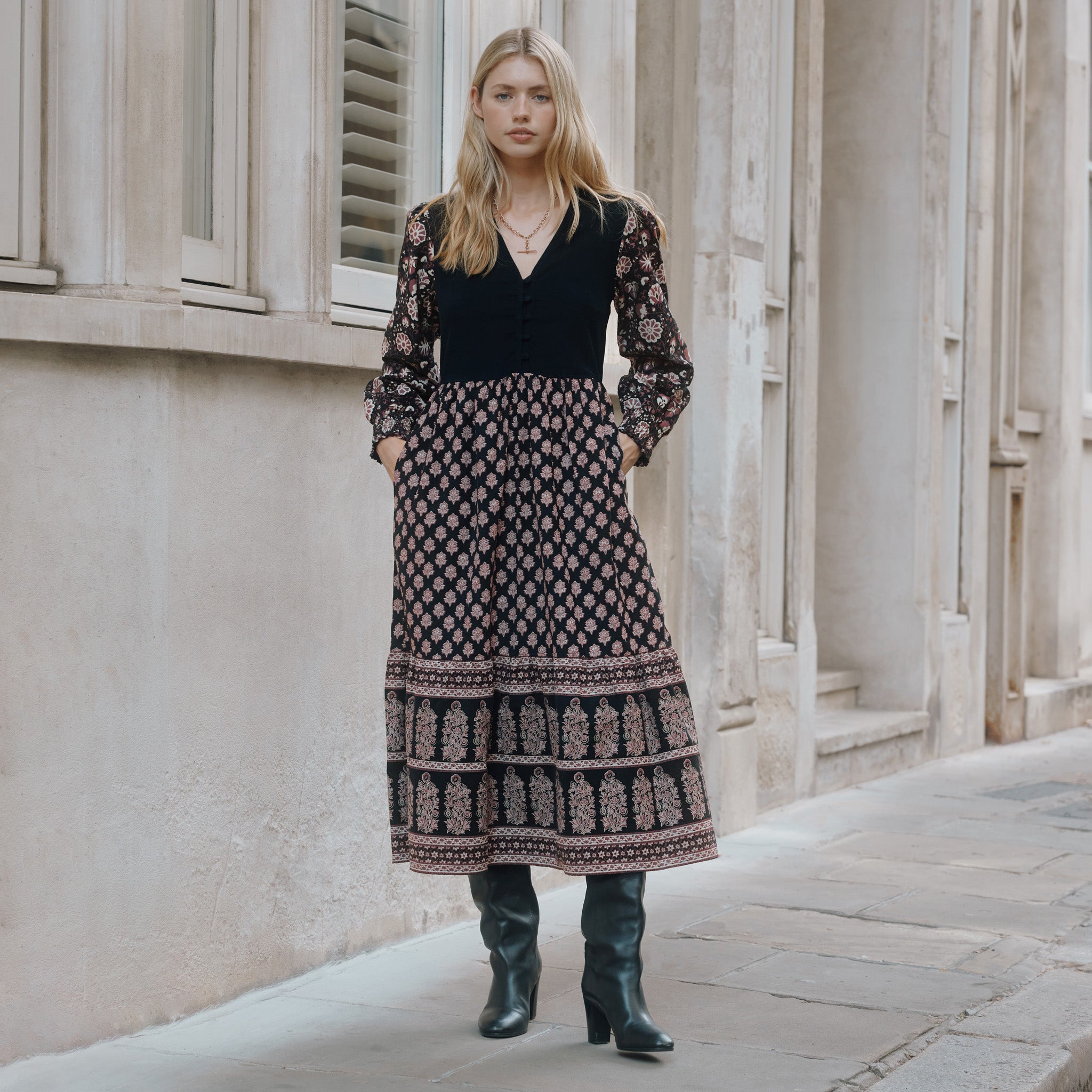 Burgundy Woodblock Midi Dress | Sustainable Womenswear | Albaray