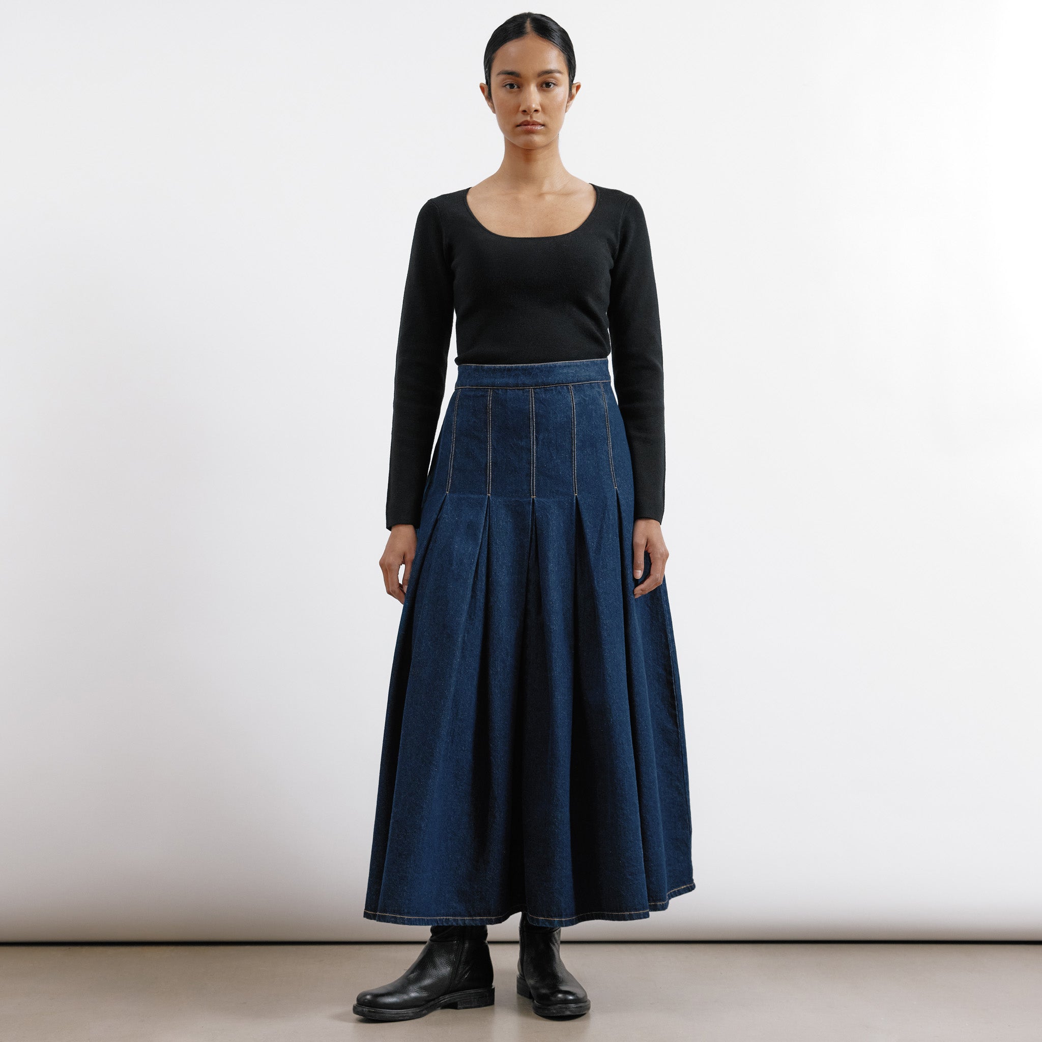 Denim Pleat Midi Skirt