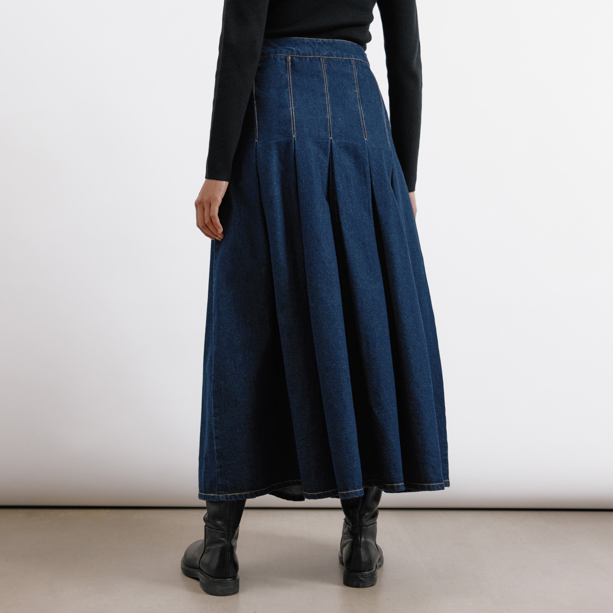 Denim Pleat Midi Skirt