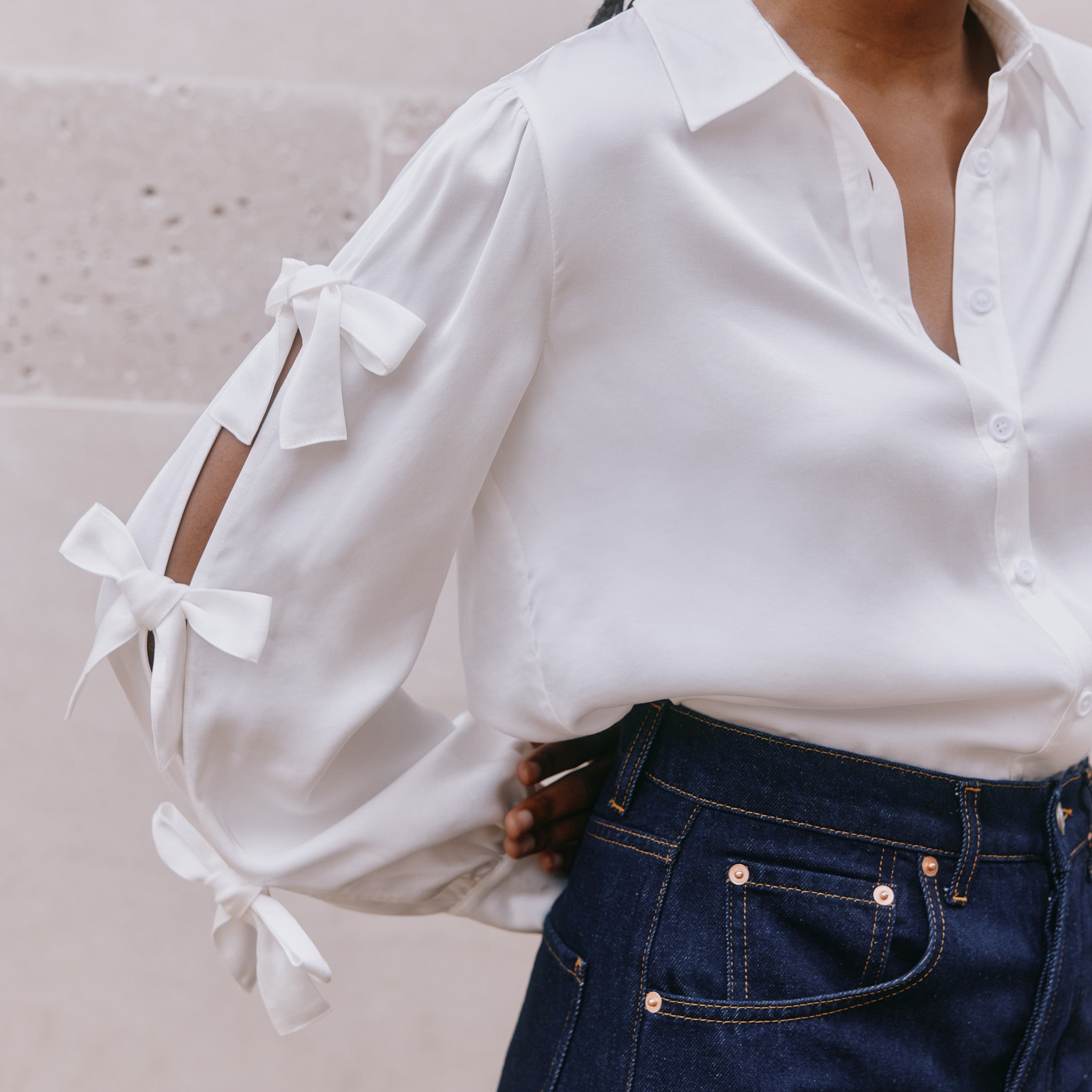 Cream Bow Split Sleeve Blouse