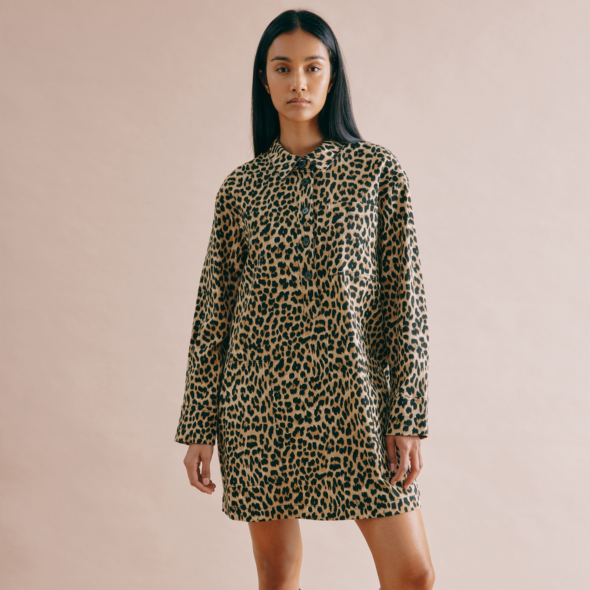 Animal Print Twill Shirt Dress