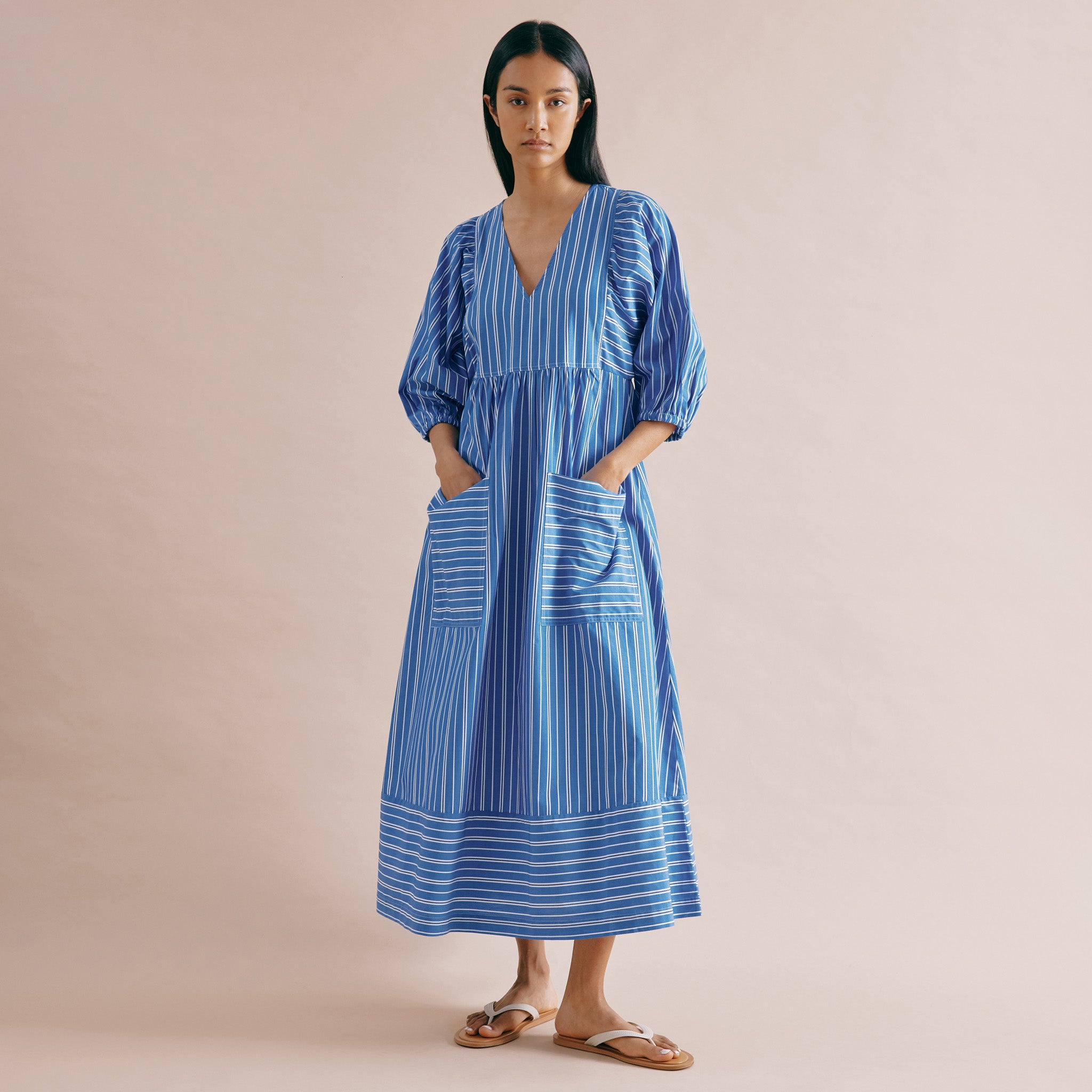 Blue Stripe V Neck Midi Dress