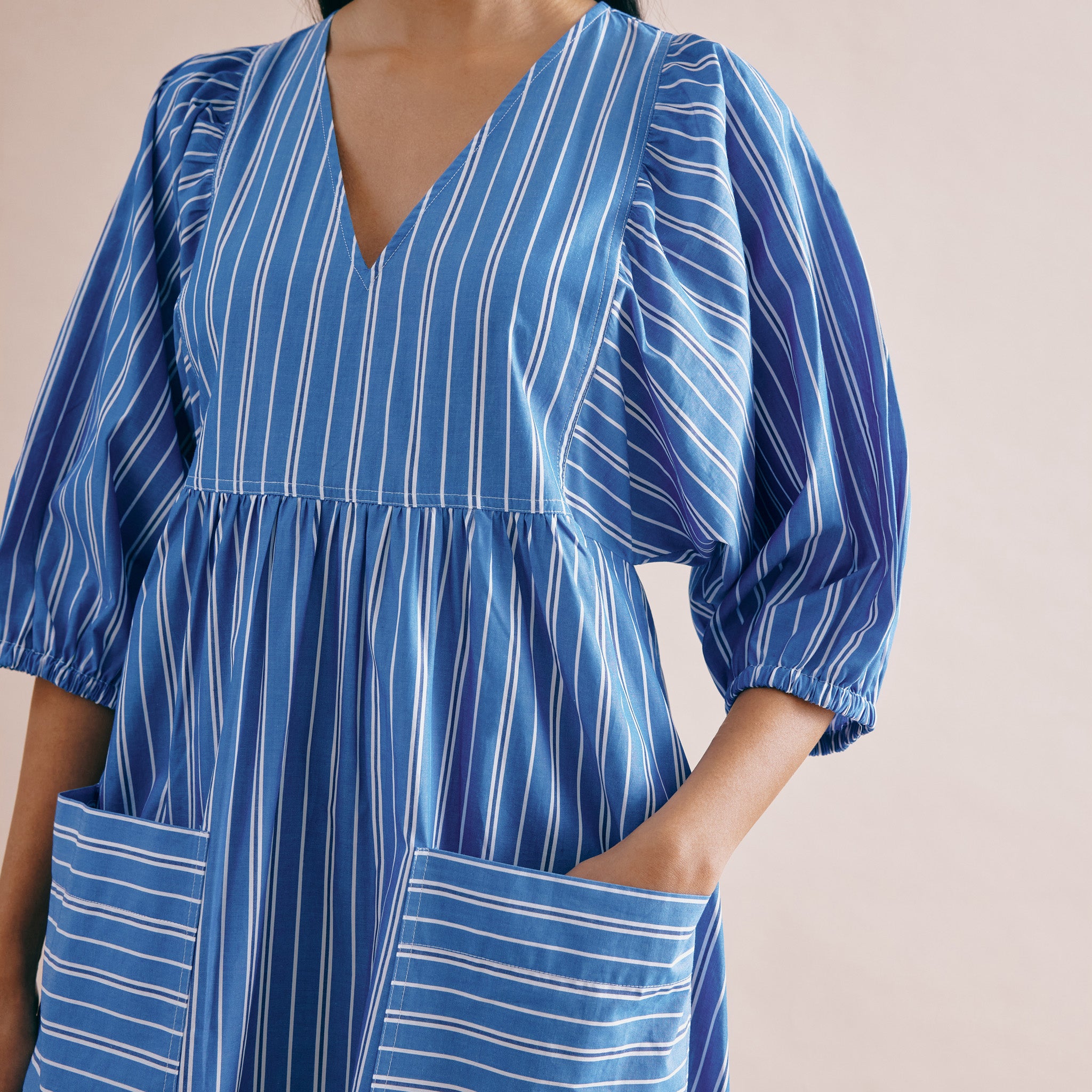 Blue Stripe V Neck Midi Dress