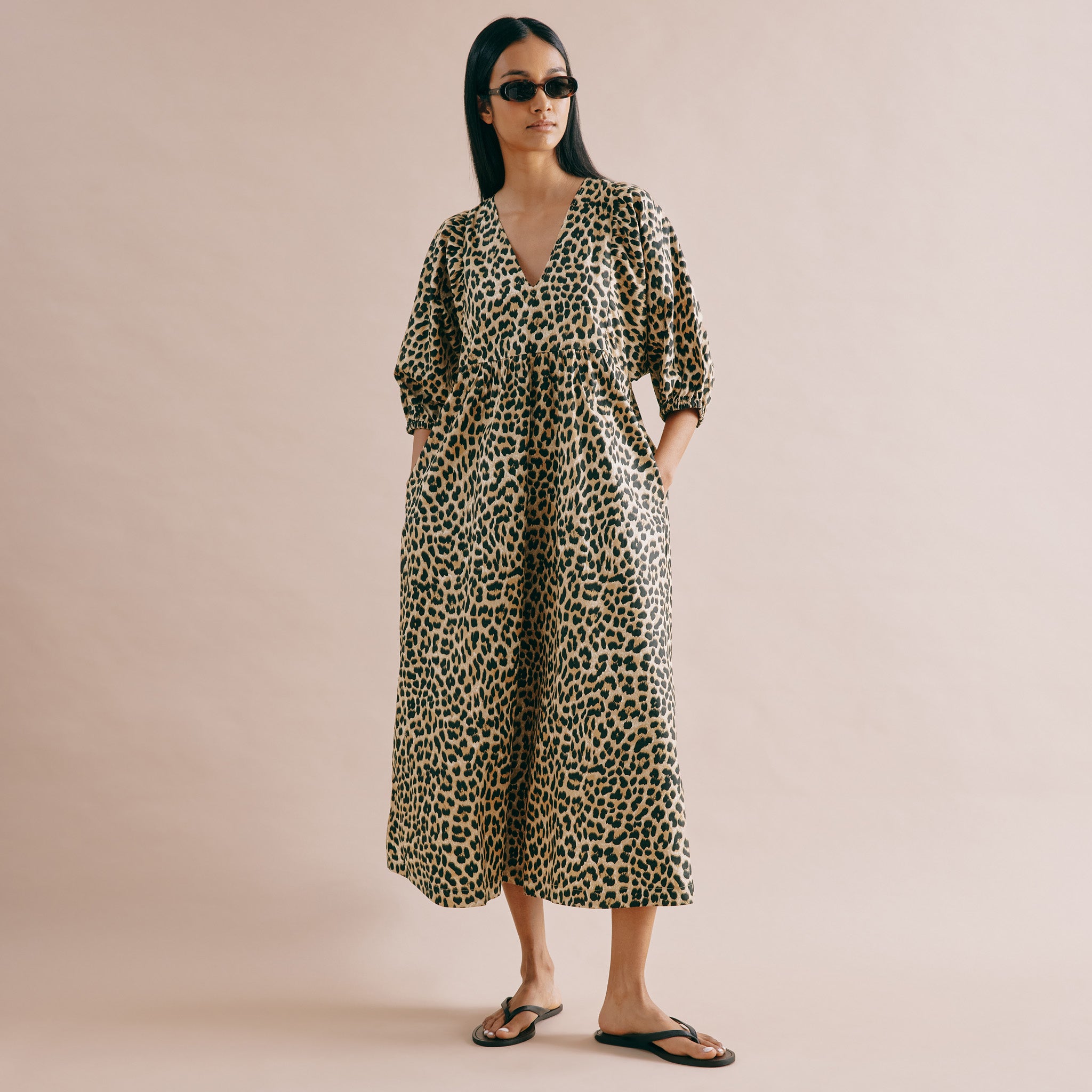 Animal V Neck Cotton Midi Dress