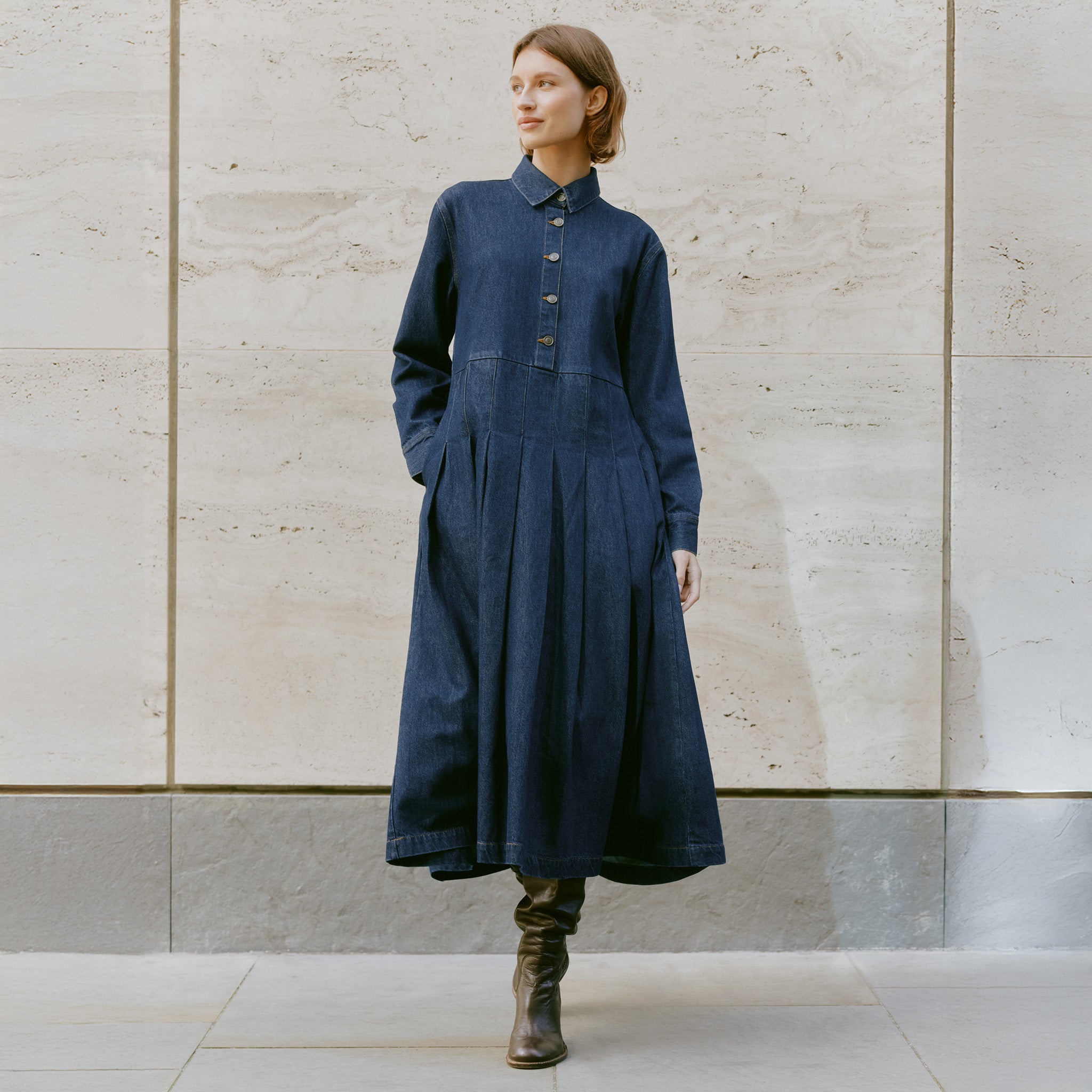 Denim Pleated Shirtdress