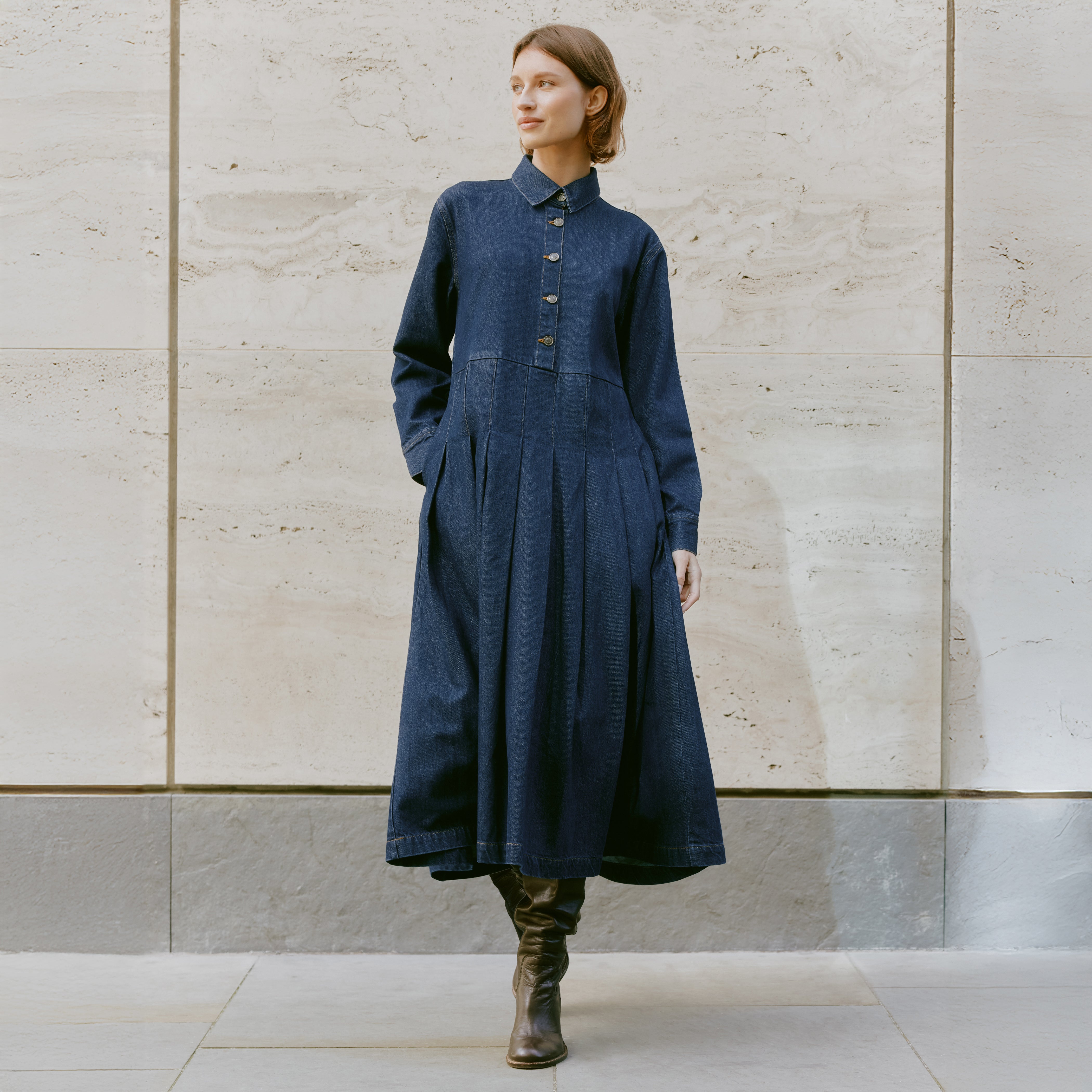 Denim Pleated Shirtdress