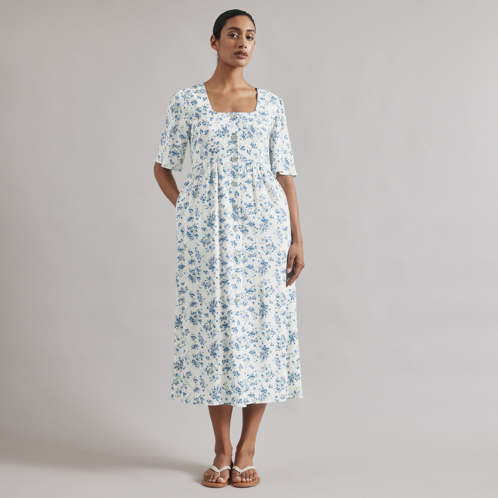 Blossom Print Linen Blend Button Dress