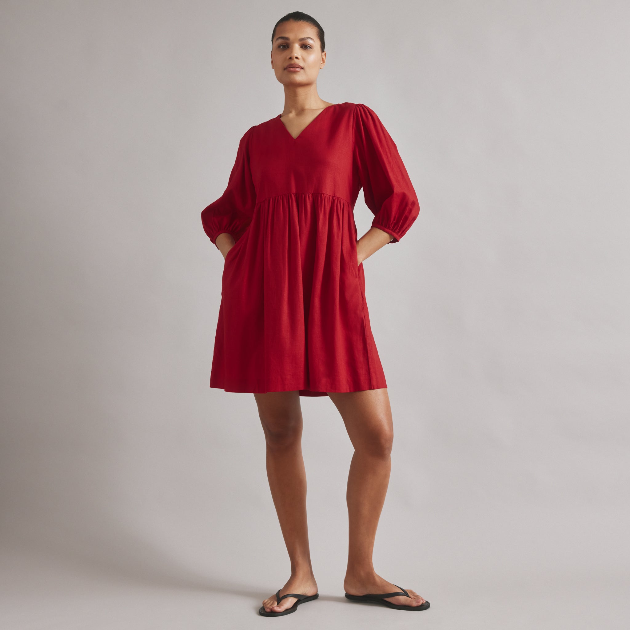 Linen Blend Short V Neck Dress