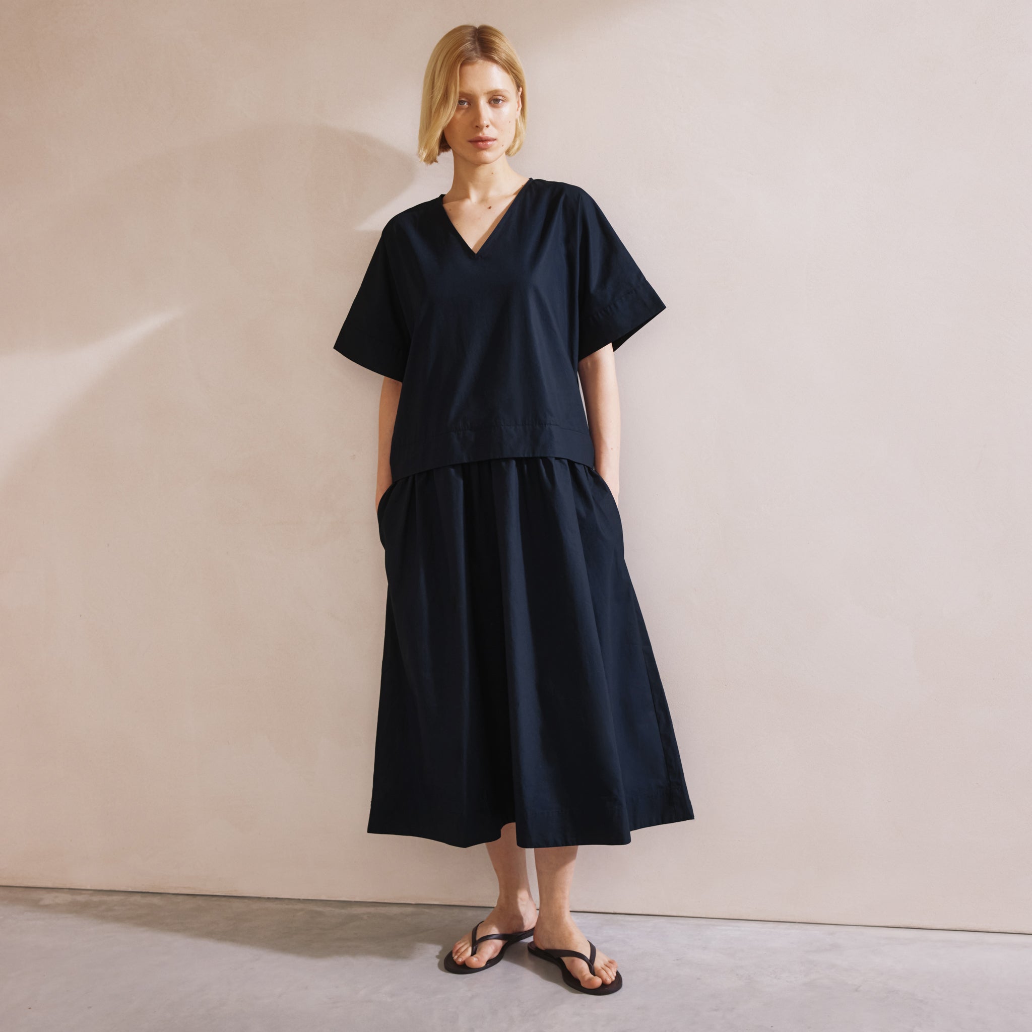 Navy Drop Waist V Neck Cotton Dress