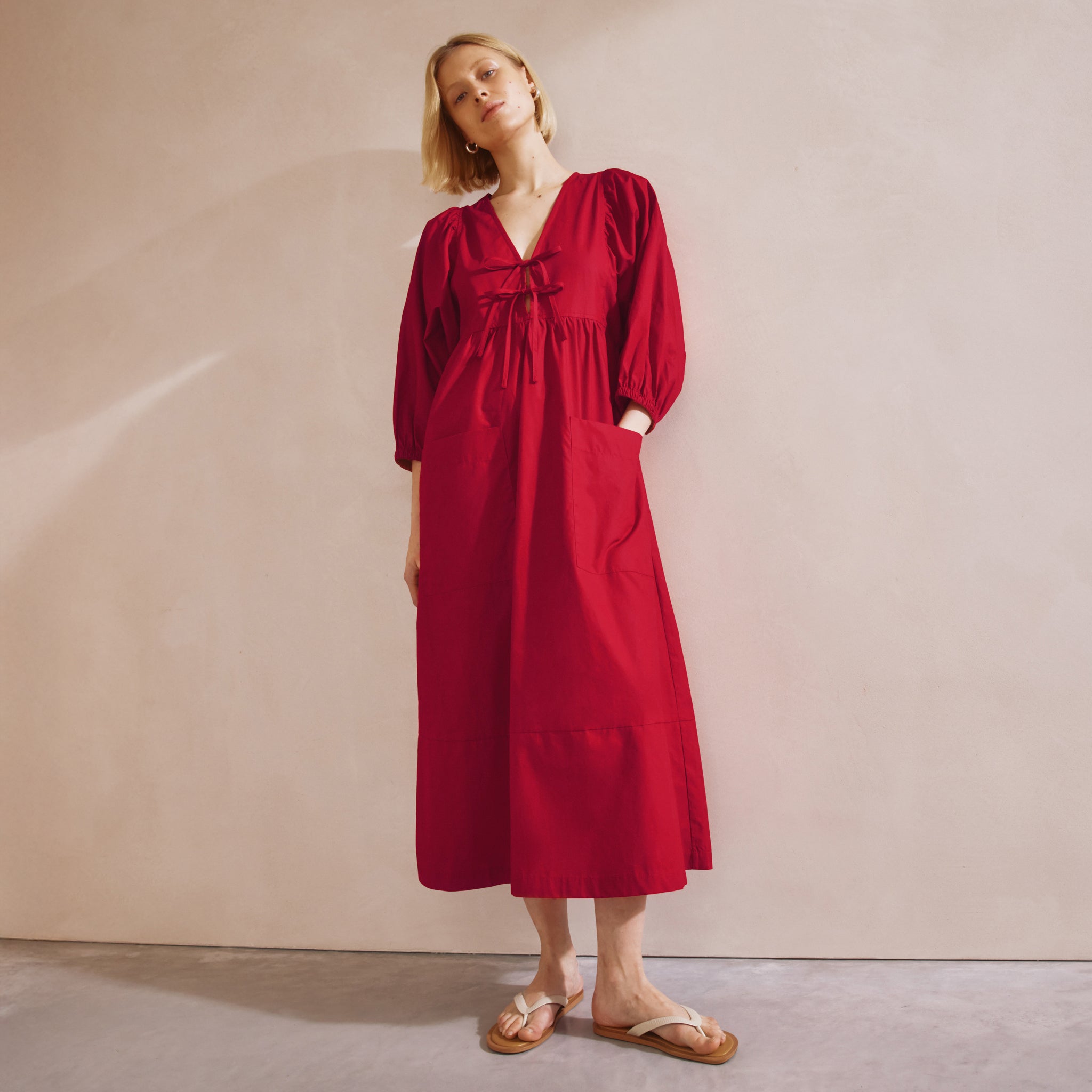 Red Tie V Neck Cotton Dress