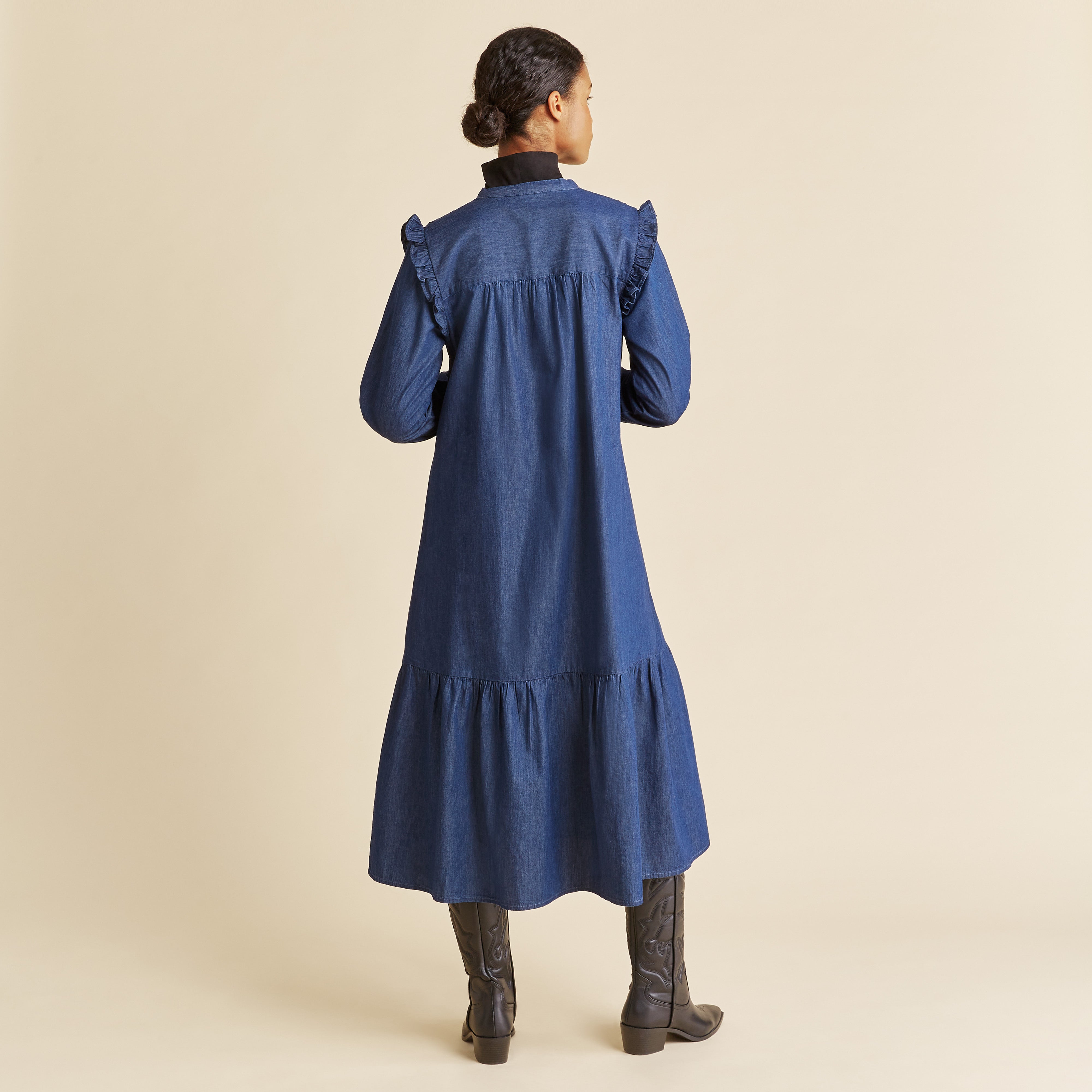 Denim Ruffle Shoulder Dress | Sustainable Womenswear | Albaray