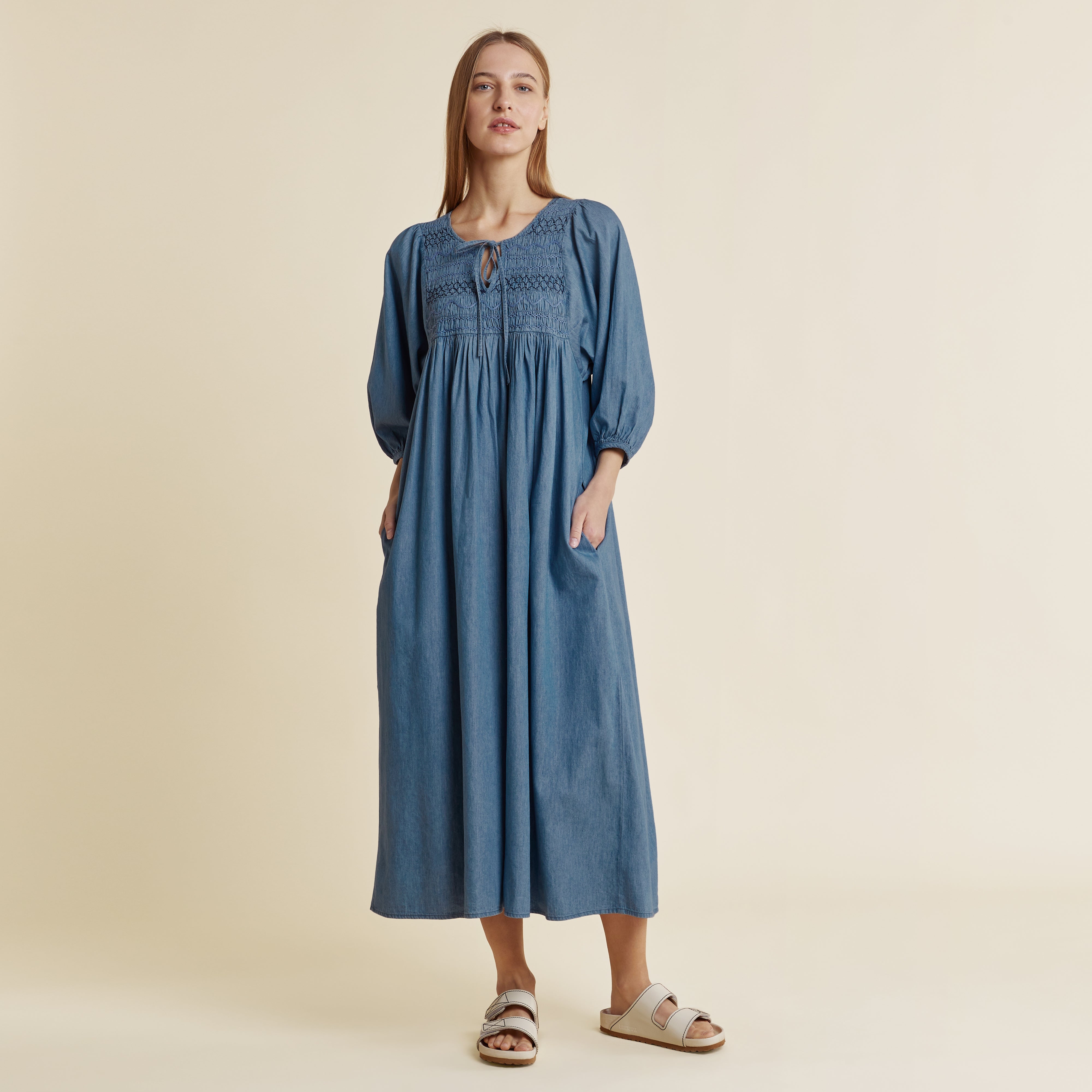 Smocked denim sale dress