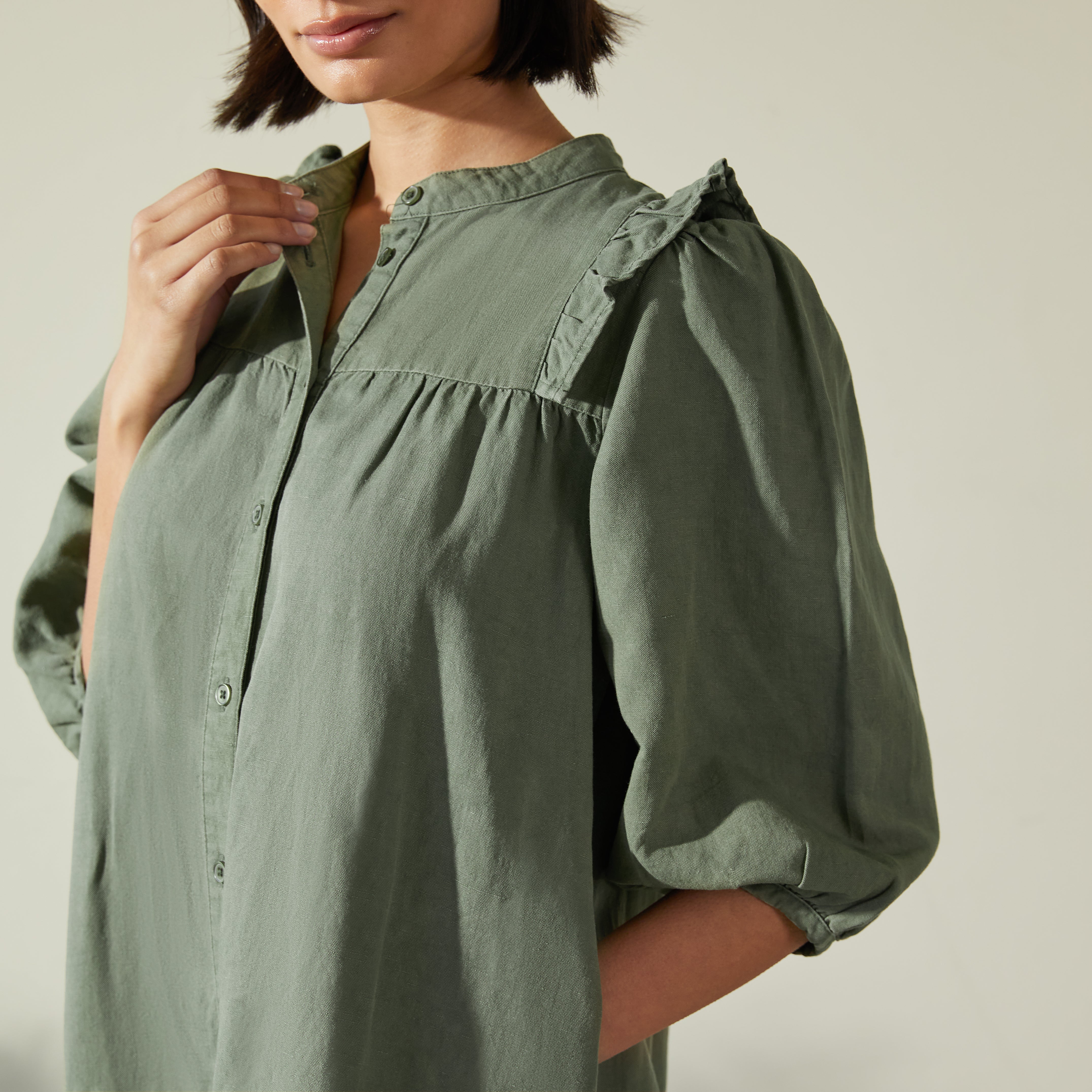 Ruffle Shoulder Linen Dress – Albaray